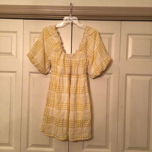 Lush Puff Sleeve Sunshine Plaid Gingham Mini Dress in Yellow - Picture 4 of 6